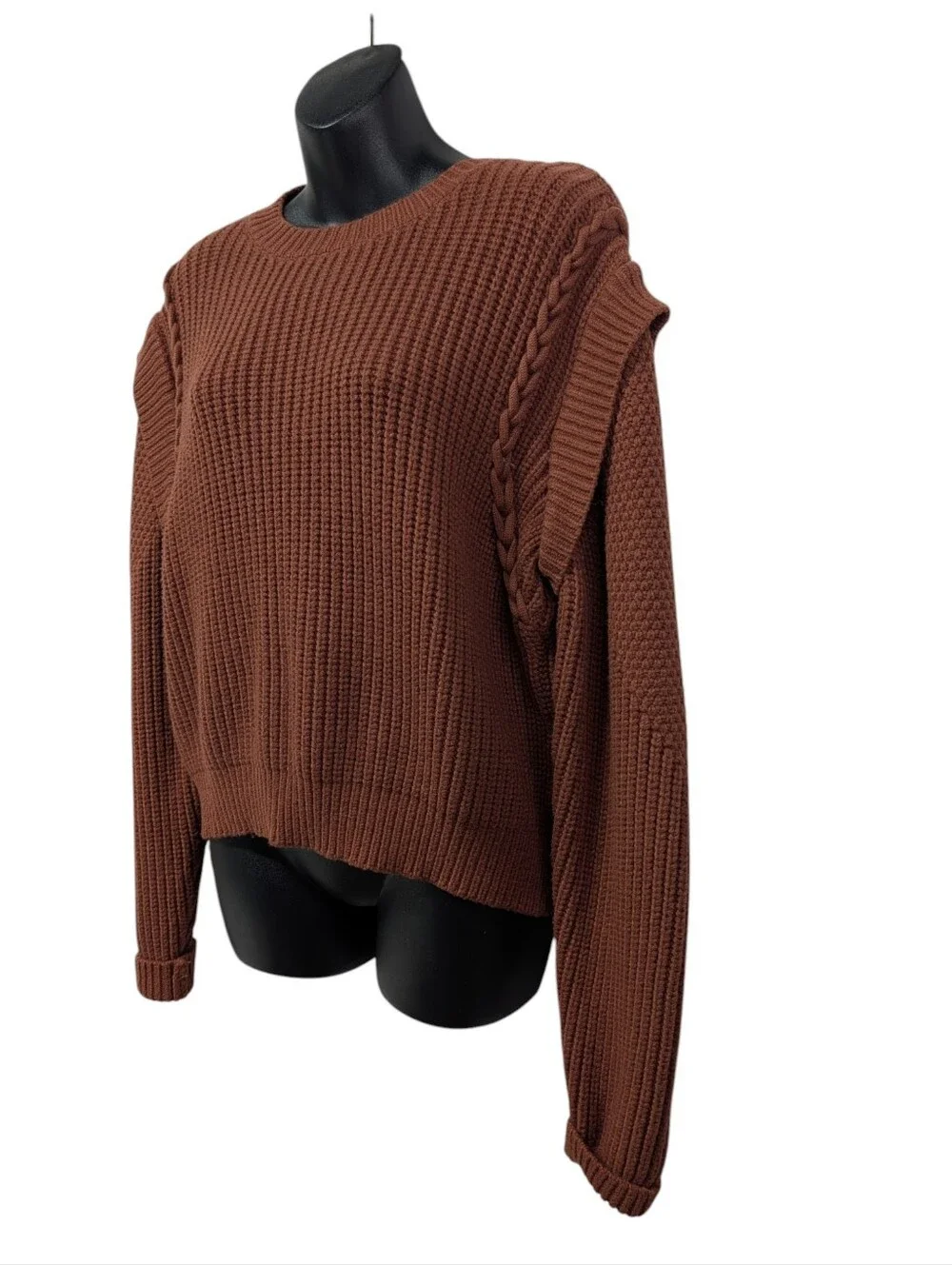 Willow + Root Womens Rust Cable Detail Waffle Knit Flatter Shoulder Sweater  L